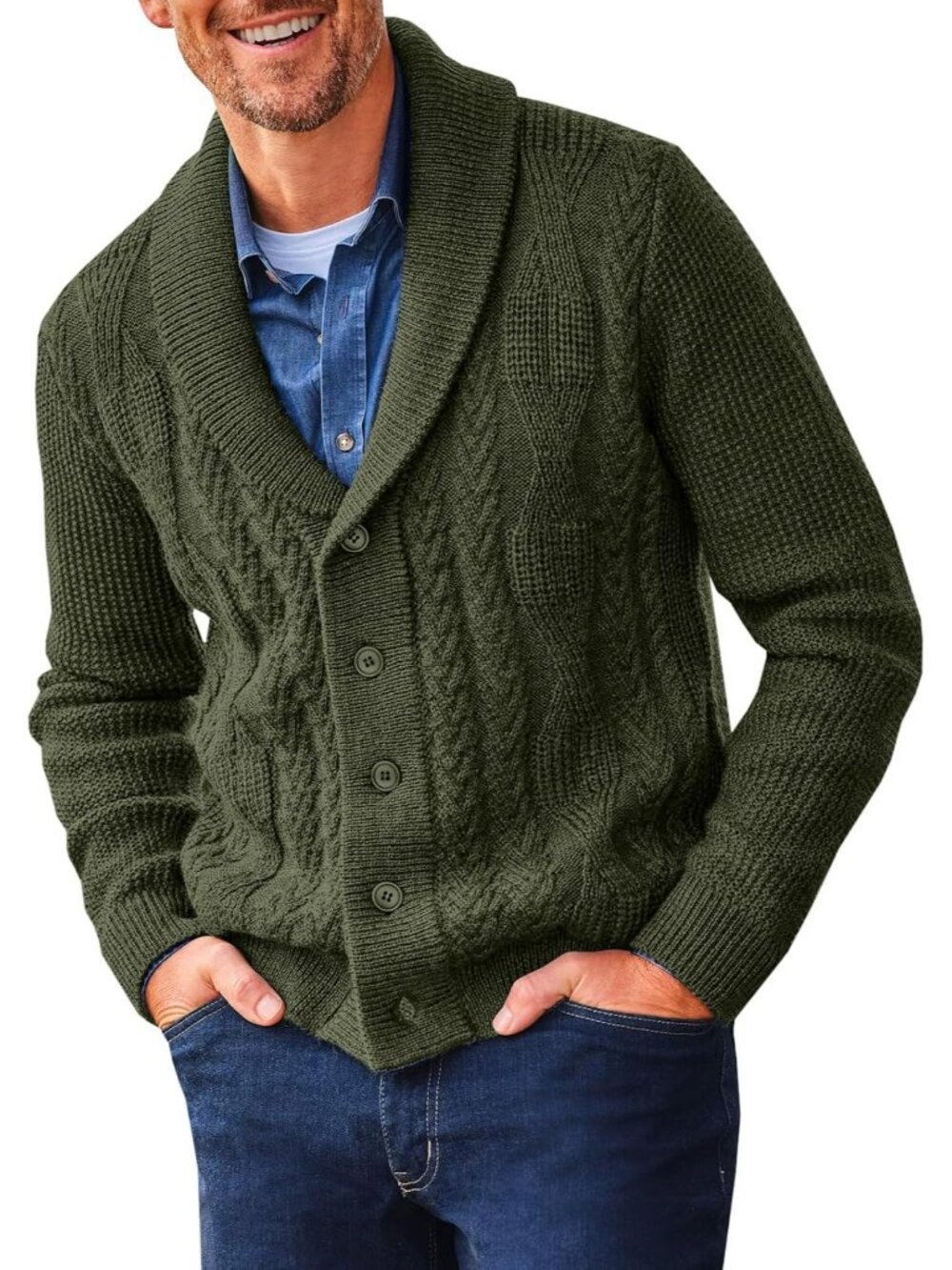 🆕Men Dark Green Shawl Collar Cardigan Sweater Cable Knit Casual Winter Outwear